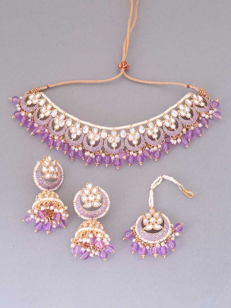 Purple Dhisana Kundan Jewellery Set