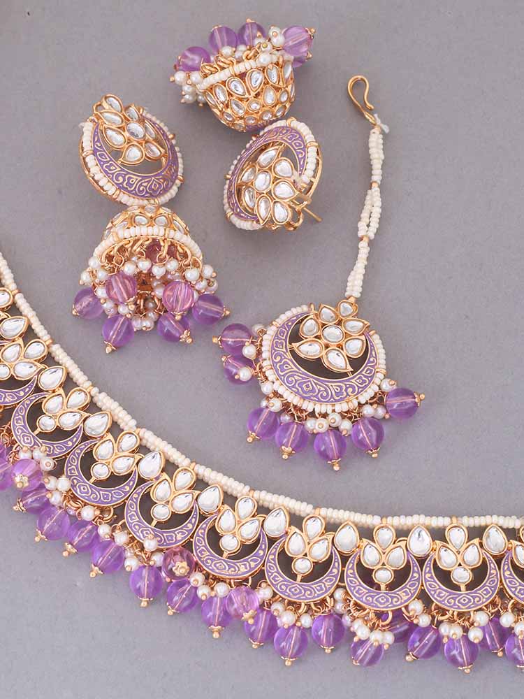 Purple Dhisana Kundan Jewellery Set