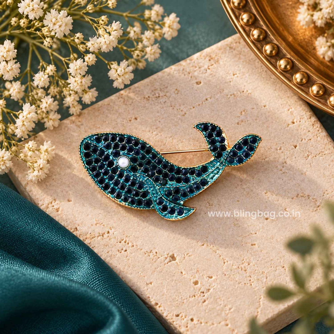 Turquoise Pearl Whale Brooch