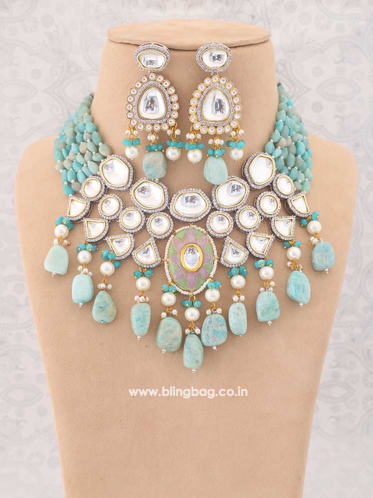 Turquoise Reema Kundan Jewellery Set - EOSS