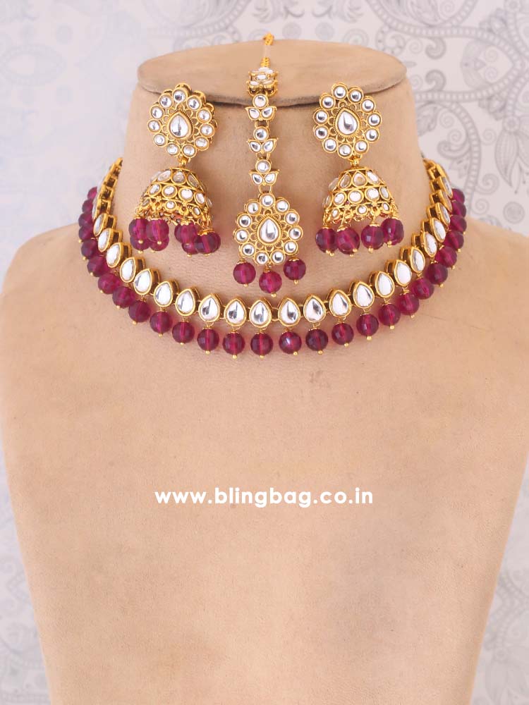 Wine Aaradhya Kundan Jewellery set