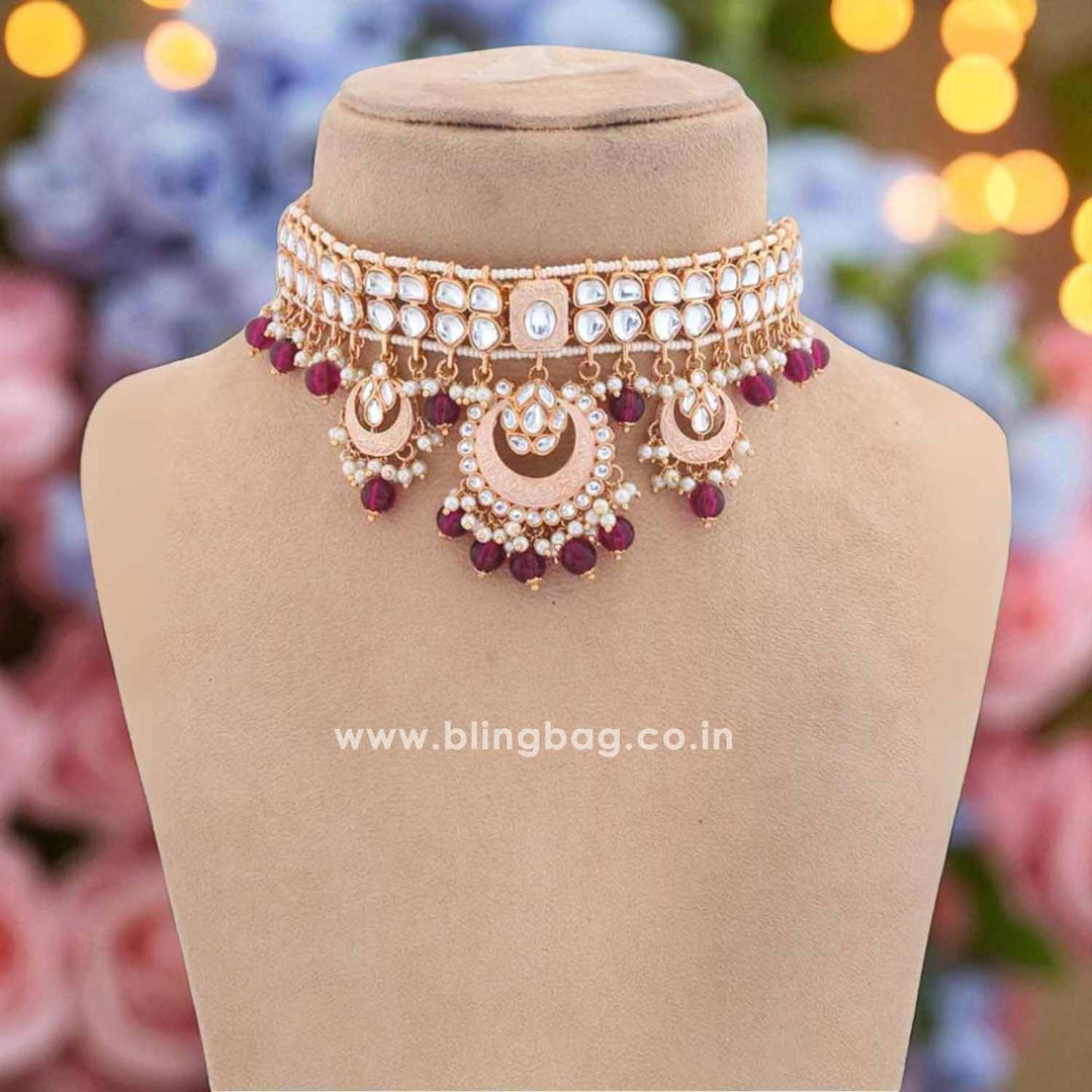 Wine Ajala Kundan Jewellery Set - EOSS