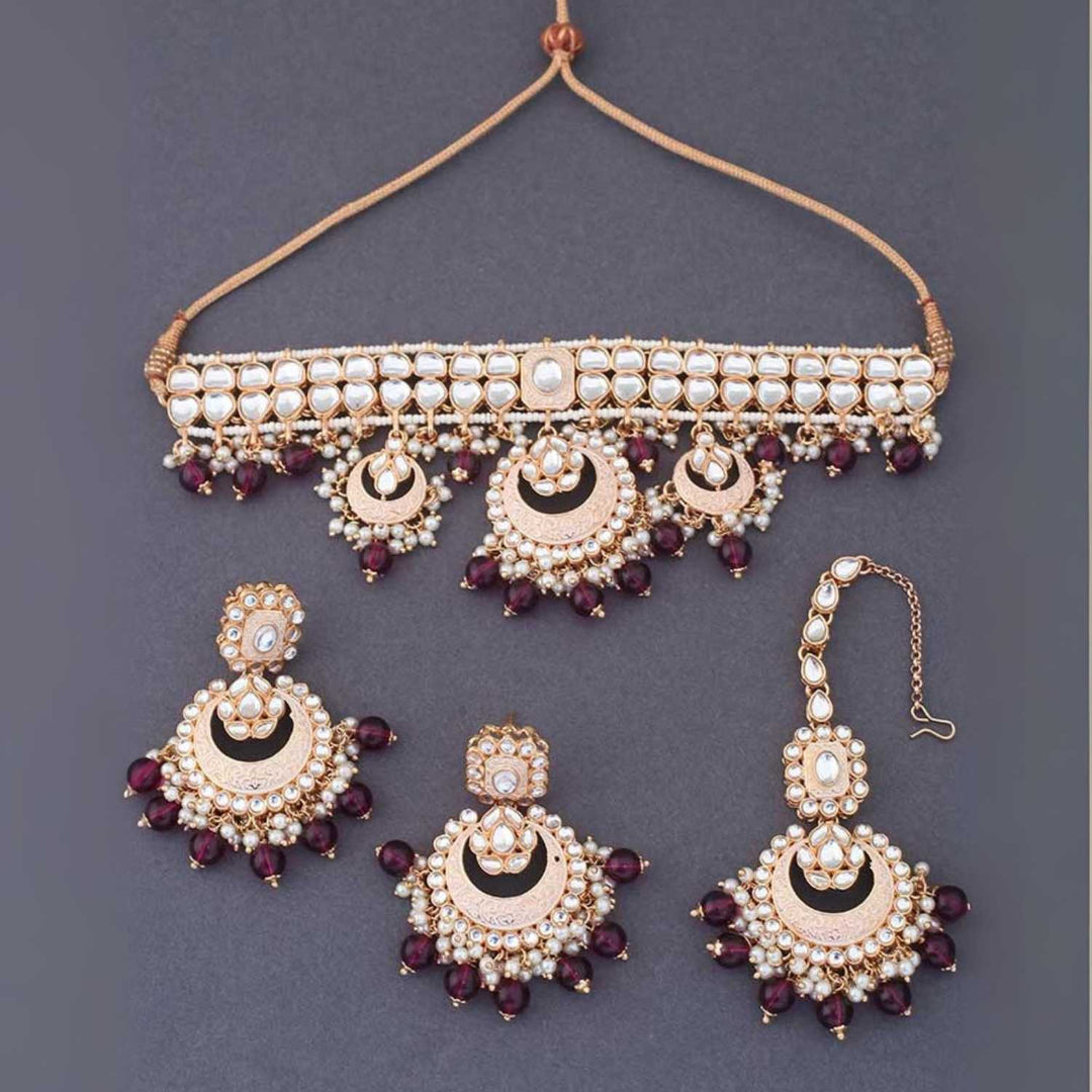 Wine Ajala Kundan Jewellery Set - EOSS