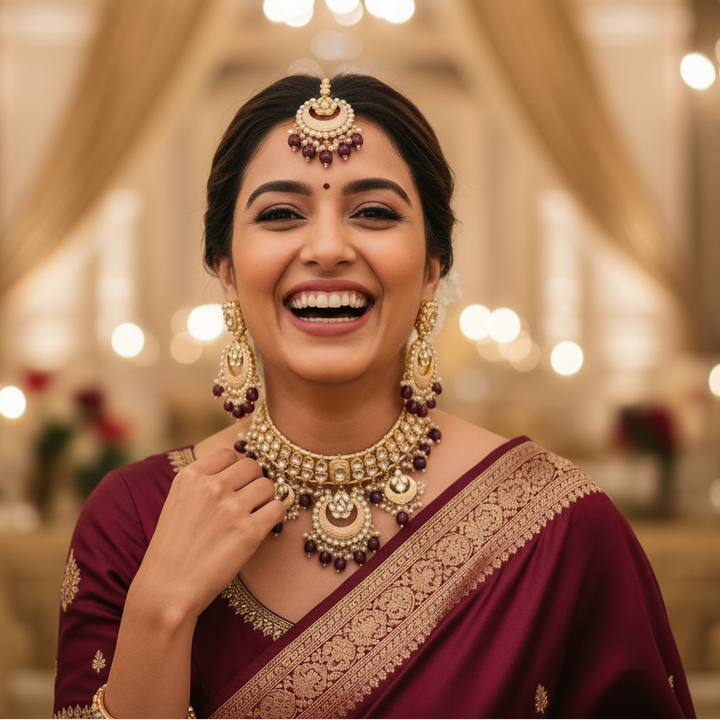 Wine Ajala Kundan Jewellery Set - EOSS