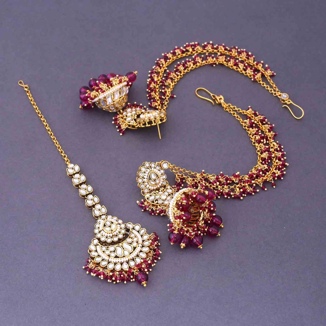 Wine Triphala Maang Tikka Set