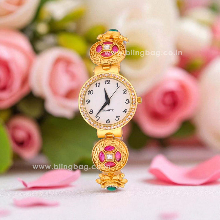 Blingbag Gold-Plated Kundan Kanika Dial Watch