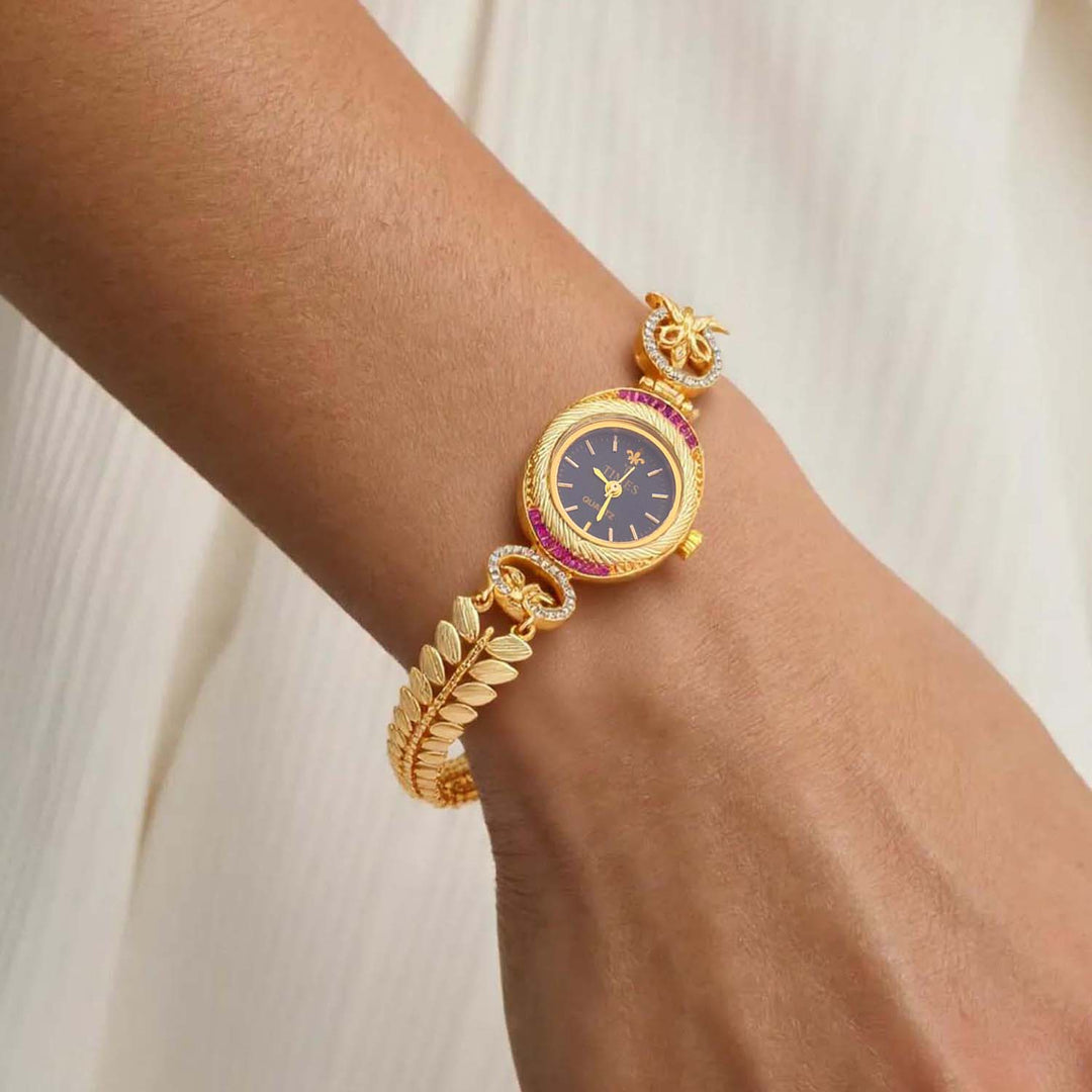 Blingbag Gold- Plated Leaf Black Dial Design Watch
