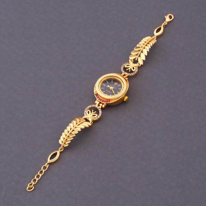 Blingbag Gold- Plated Leaf Black Dial Design Watch