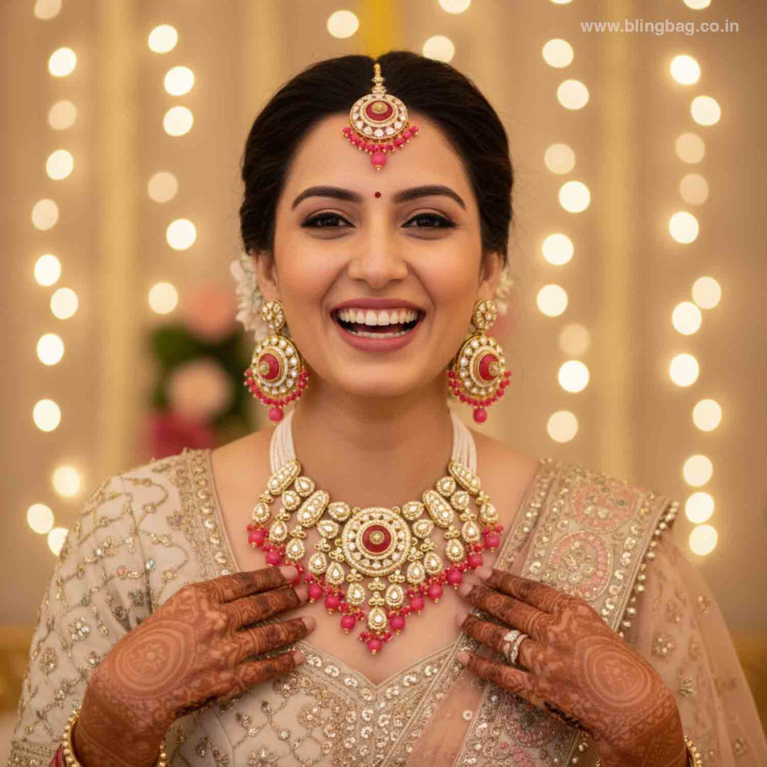 Coral Kanoosh Kundan Jewellery Set