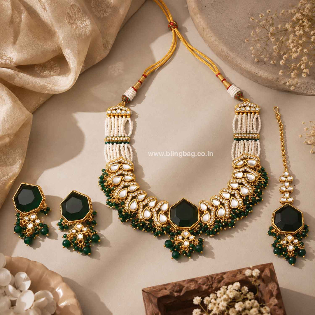 Emerald Aishika Kundan Jewellery Set