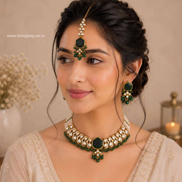 Emerald Aishika Kundan Jewellery Set
