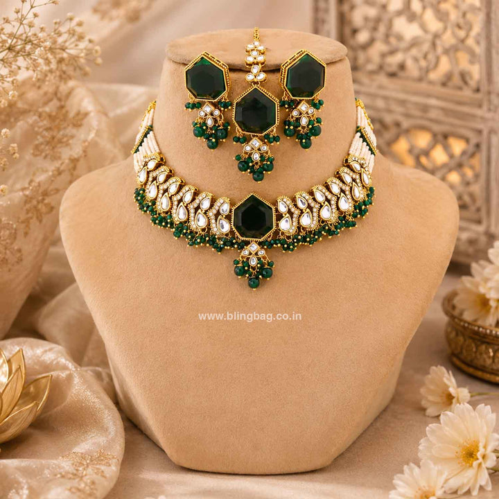 Emerald Aishika Kundan Jewellery Set