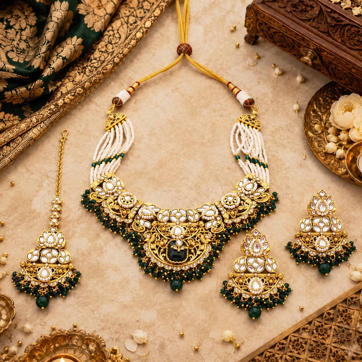 Emerald Mayurika Kundan Jewellery Set