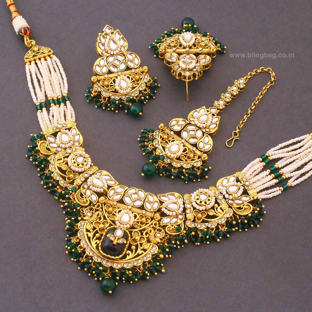 Emerald Mayurika Kundan Jewellery Set