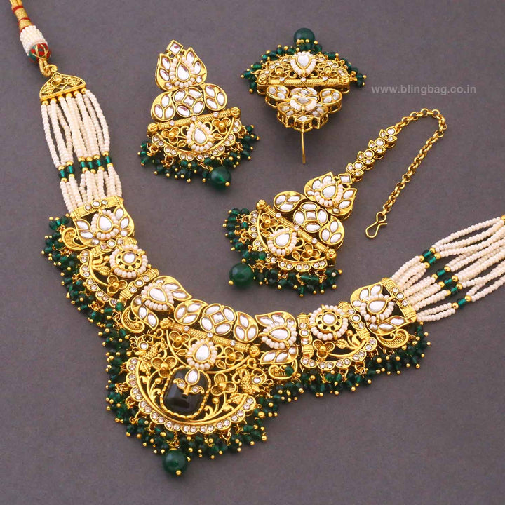 Emerald Mayurika Kundan Jewellery Set