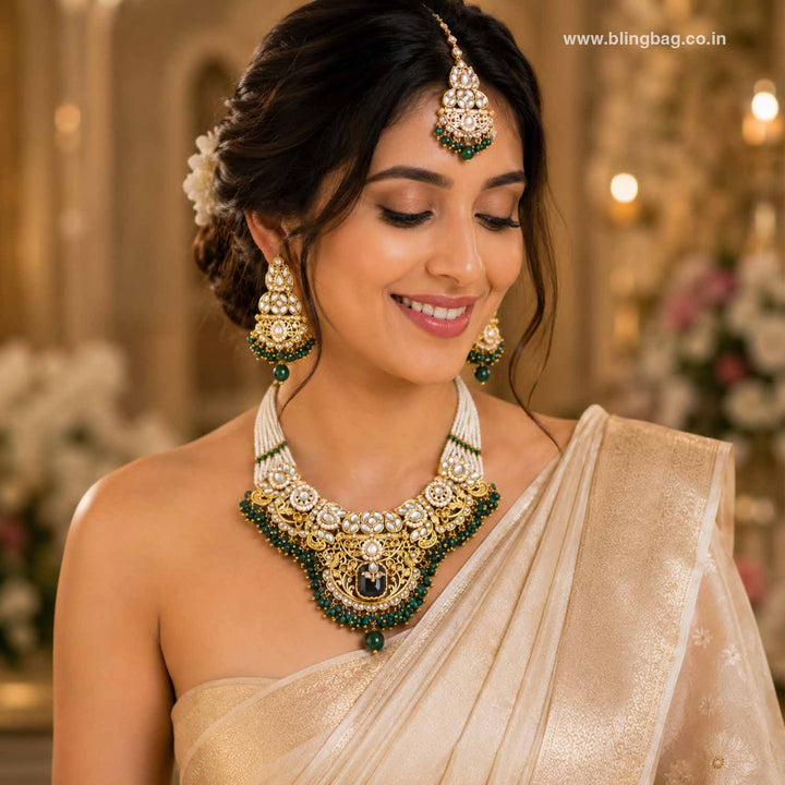 Emerald Mayurika Kundan Jewellery Set