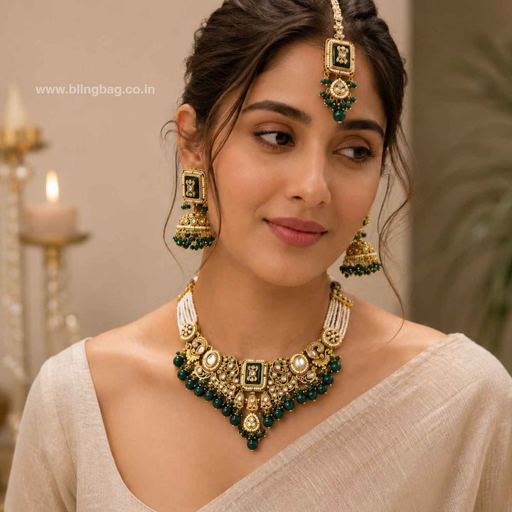 Emerald Pashmora Kundan Jewellery Set