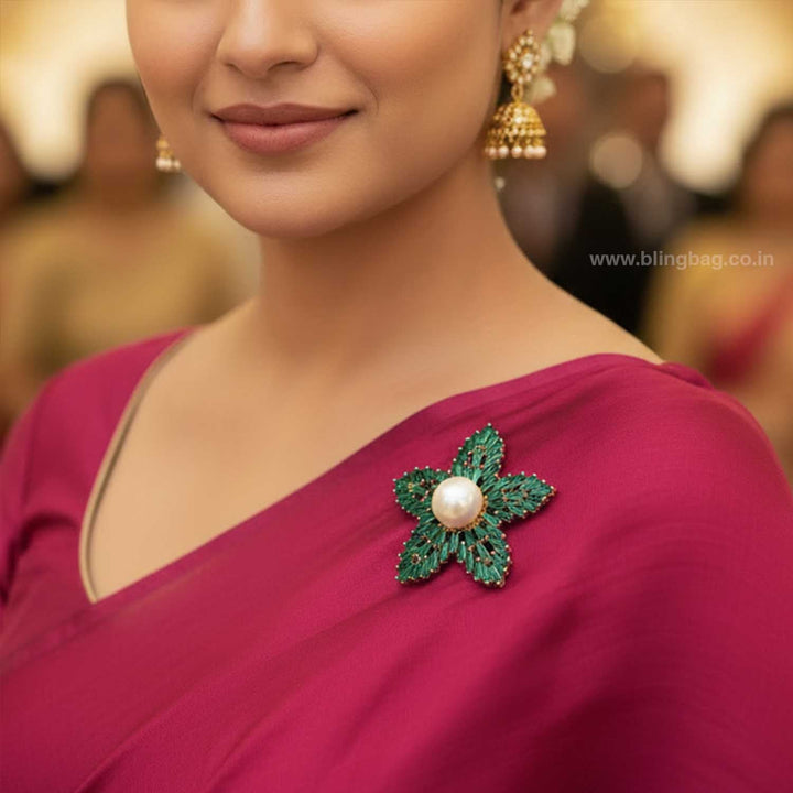 Emerald Petal Pearl Brooch