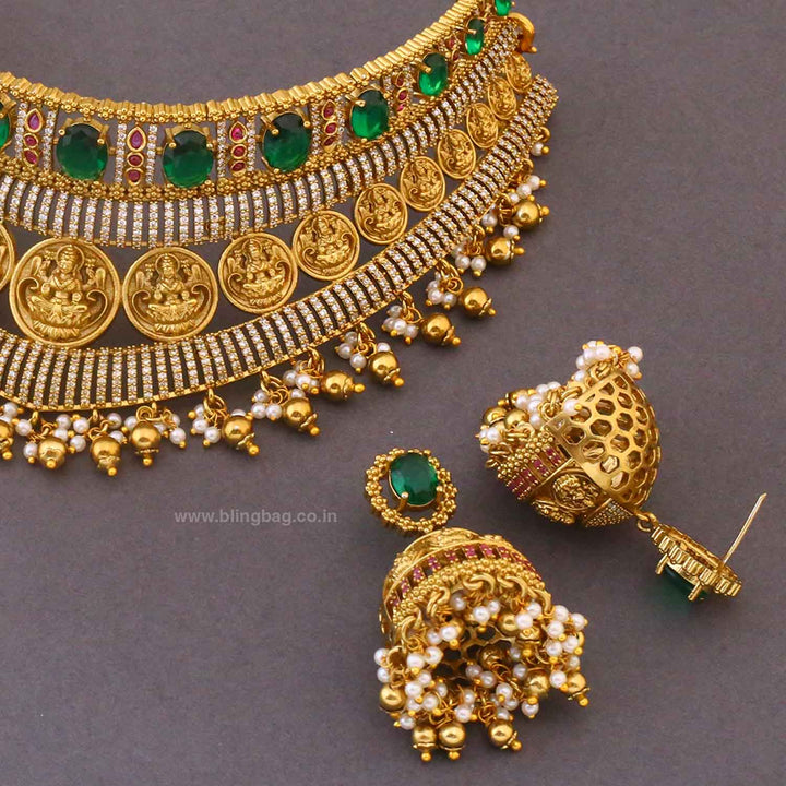 Emerald Rajeshwaria Hasli Temple Jewellery Set - New Arrival