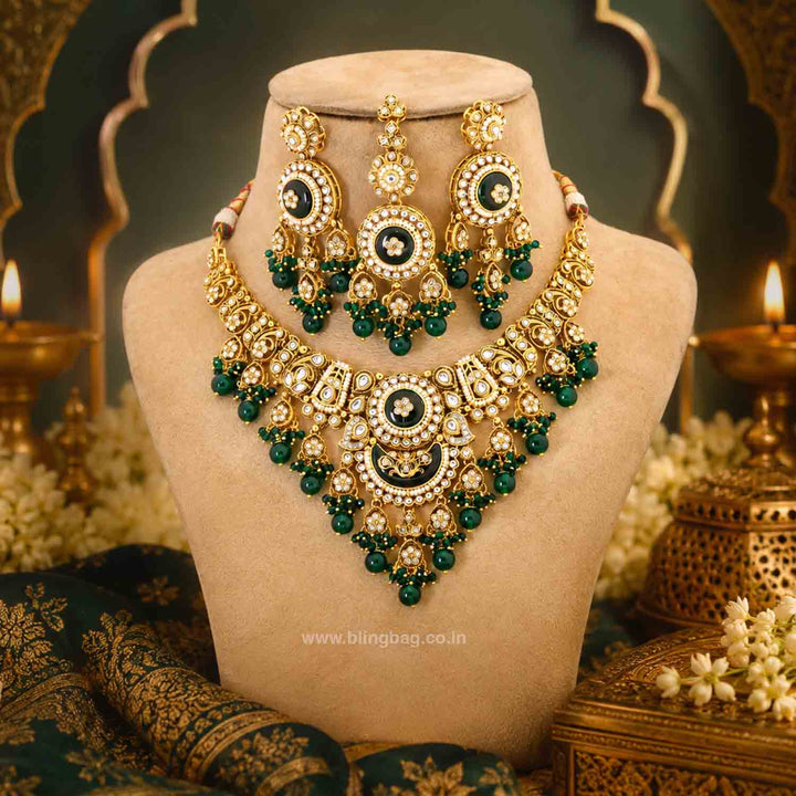 Emerald Rangpankh Kundan Jewellery Set