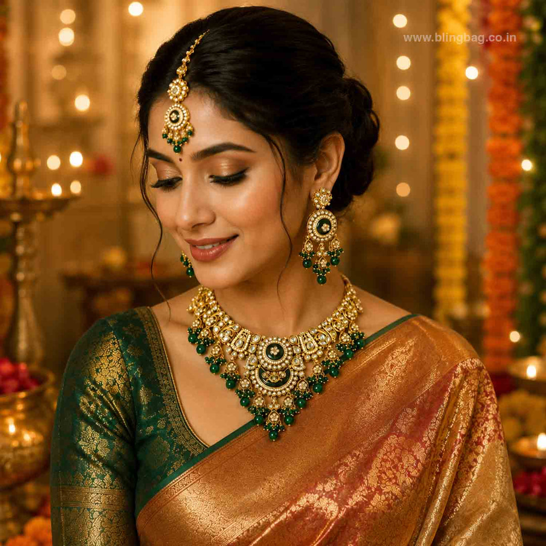 Emerald Rangpankh Kundan Jewellery Set