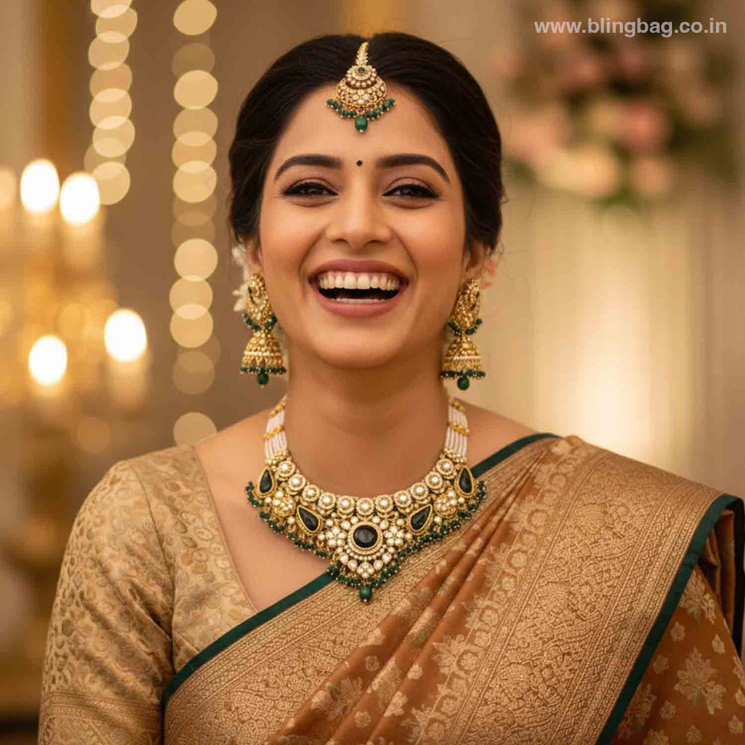 Emerald Selvi Kundan Jewellery Set