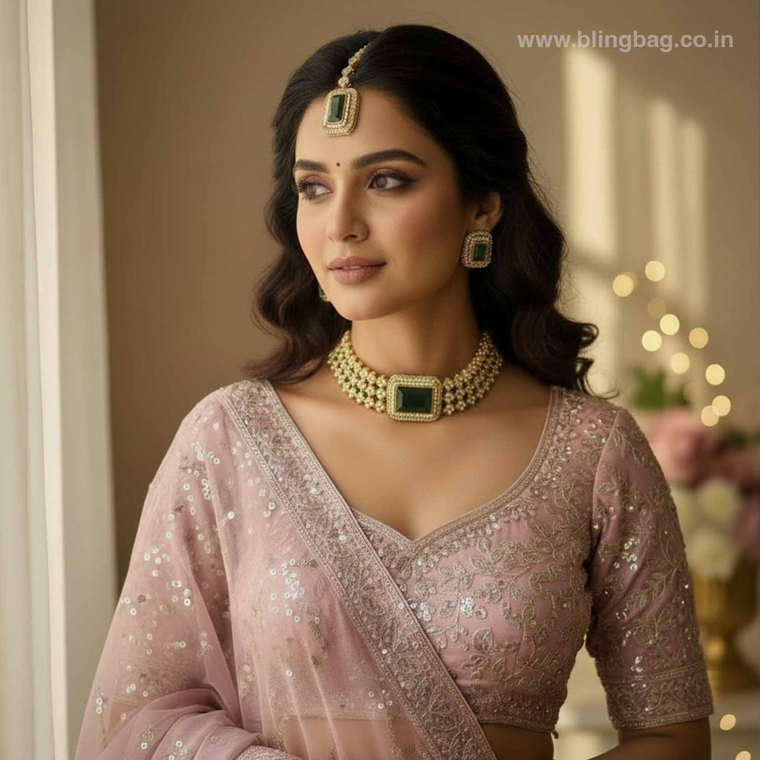 Emerald Shwetra Kundan Jewellery Set