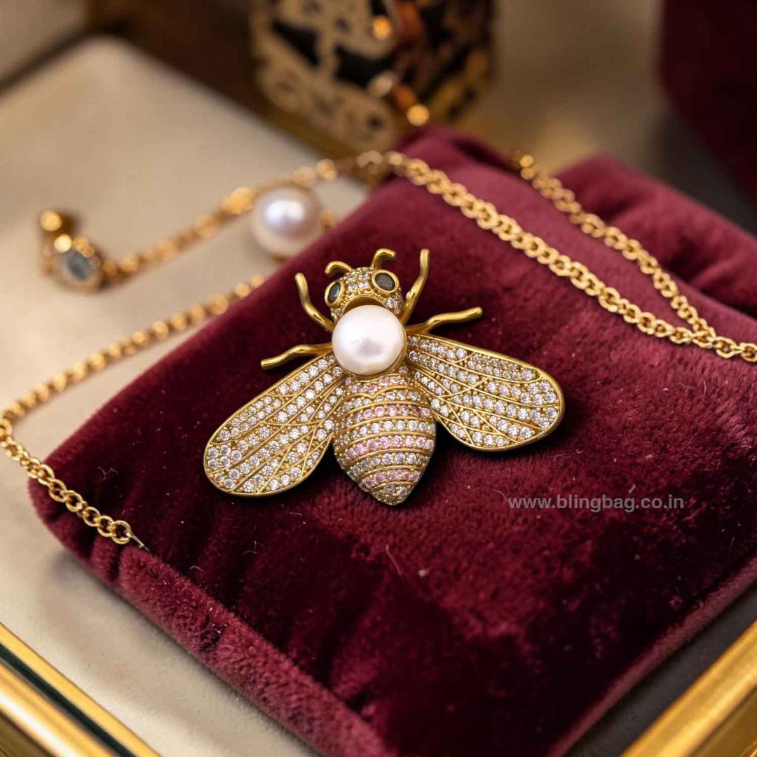 Golden Honey Bee Pearl Brooch