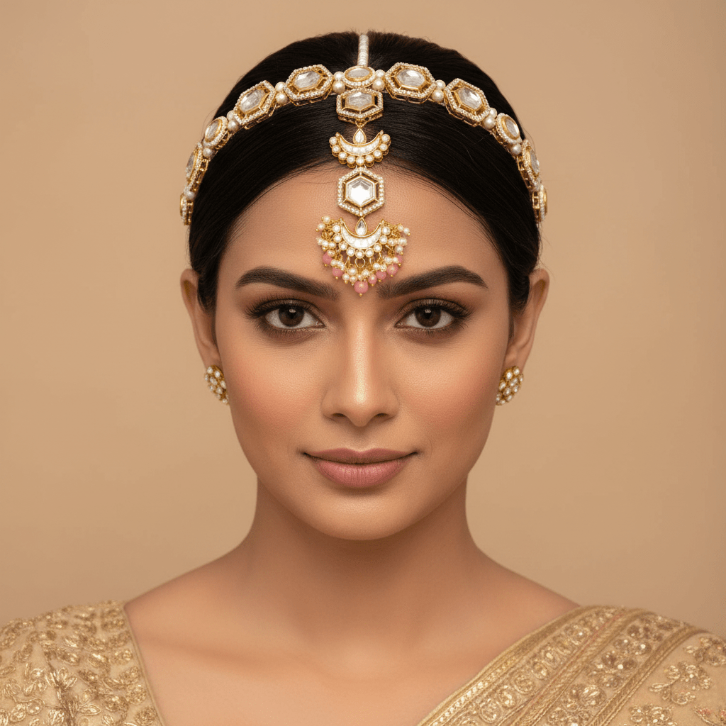 Golden Vineeta Hairband With Tikka