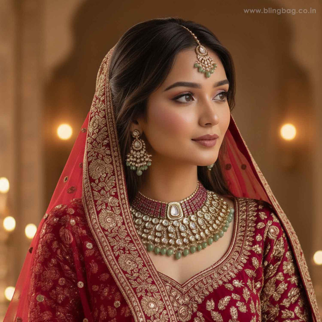 Multicolor Victorian collar necklace set with earrings and maang tikka by BlingBag