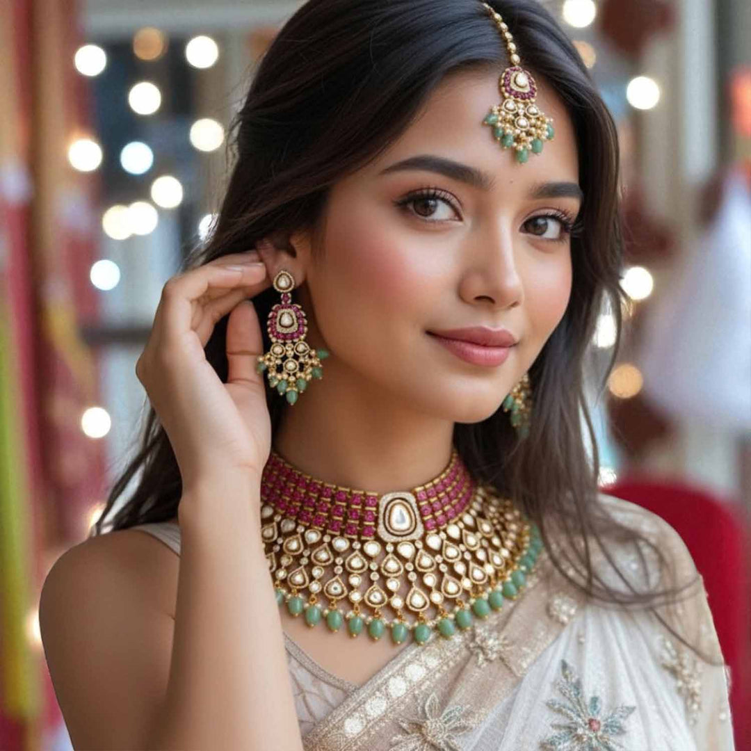 Antique gold-toned Victorian necklace with multicolour kundan-style stones and pearls