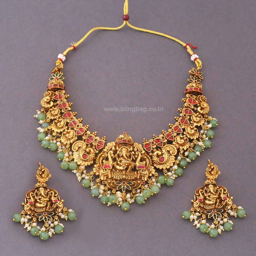 Multicolor Gananatha Temple Jewellery Set - New Arrival