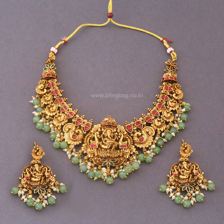 Multicolor Gananatha Temple Jewellery Set - New Arrival