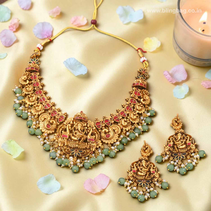 Multicolor Gananatha Temple Jewellery Set - New Arrival