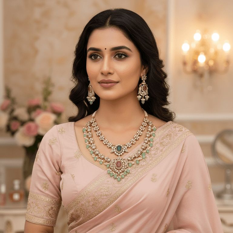 Multicolour Victorian-style necklace set with push-back earrings for festive and wedding wear