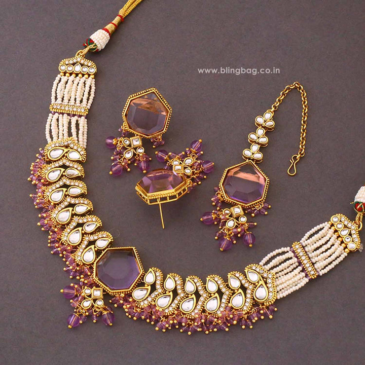 Purple Aishika Kundan Jewellery Set