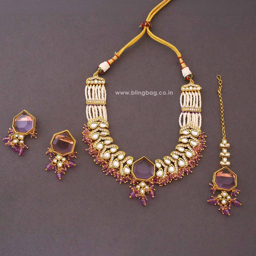 Purple Aishika Kundan Jewellery Set