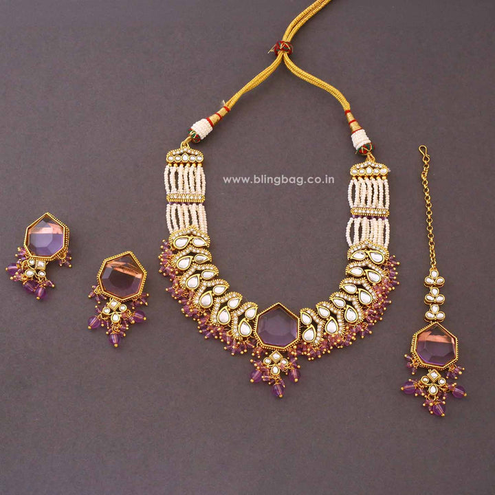 Purple Aishika Kundan Jewellery Set
