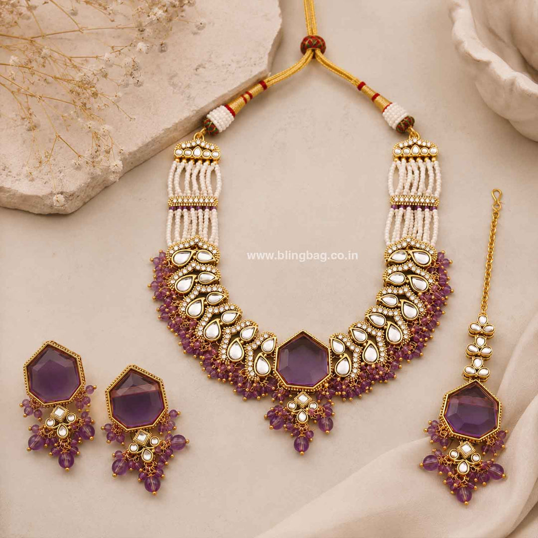 Purple Aishika Kundan Jewellery Set