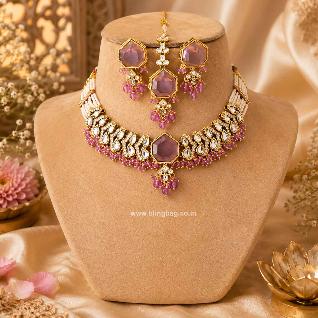 Purple Aishika Kundan Jewellery Set