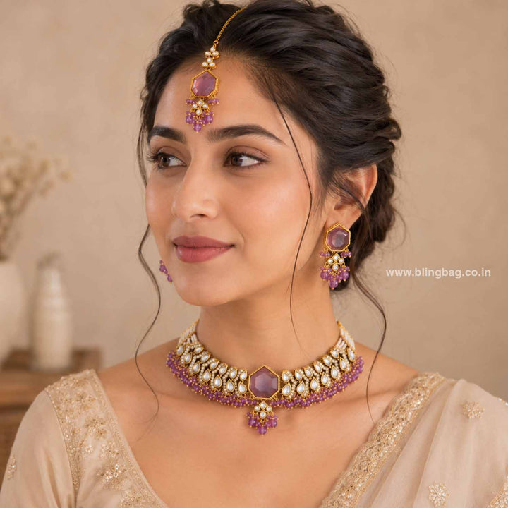 Purple Aishika Kundan Jewellery Set