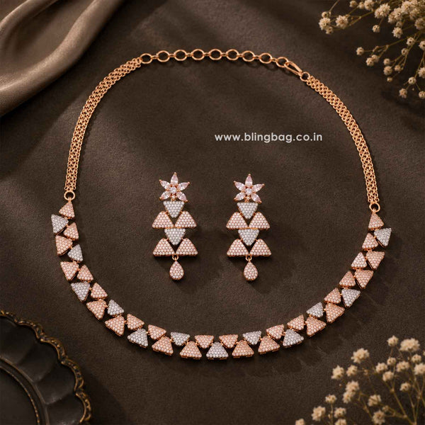 Rose-gold Riey chain necklace of two-tone pave triangles with matching earrings