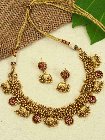 necklace sets - Bling Bag Ruby Nishka Golden Pearl Temple Necklace With Earrings