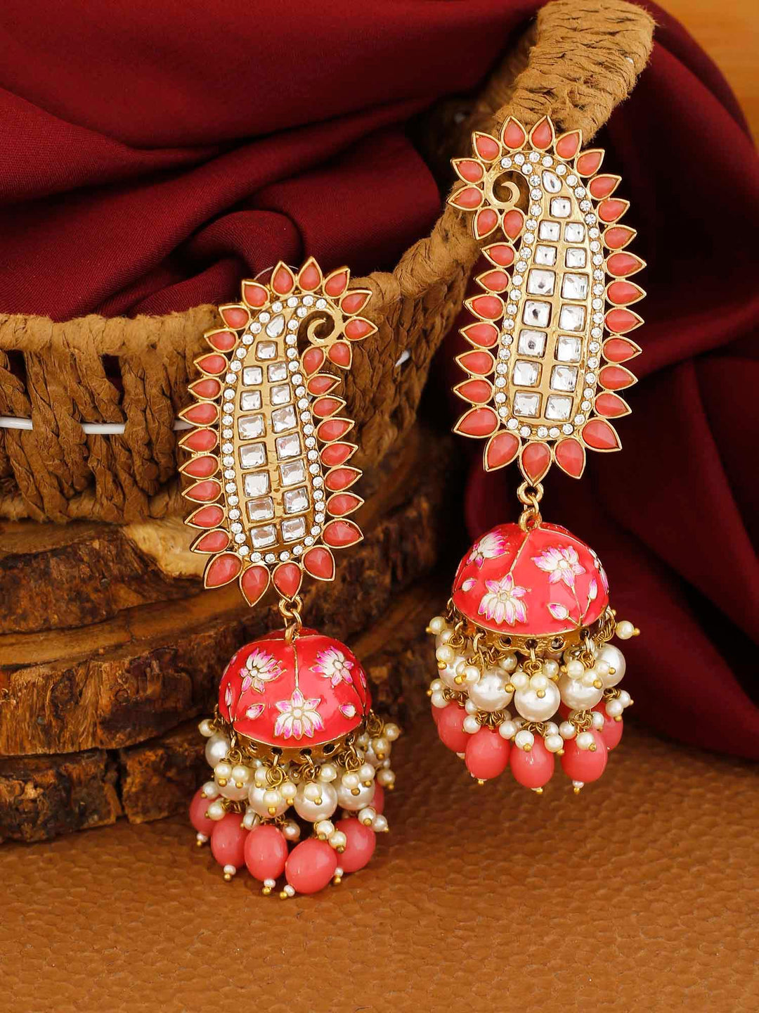 earrings - Bling Bag Coral Kaashi Designer Jhumkis