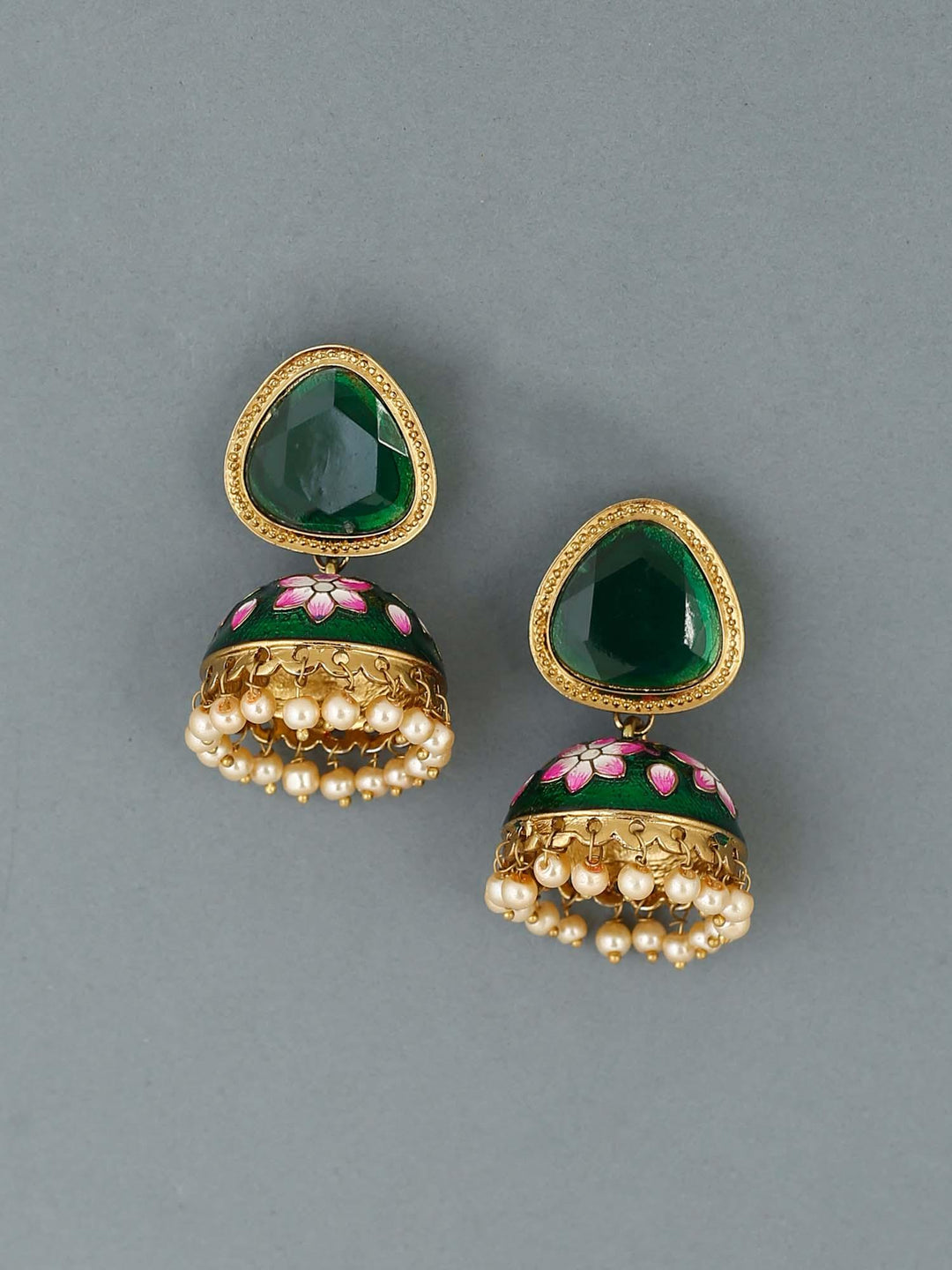 earrings - Bling Bag Emerald Lily Shesha Meenakari Jhumkis