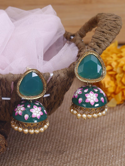 earrings - Bling Bag Green Shesha Meenakari Jhumkis