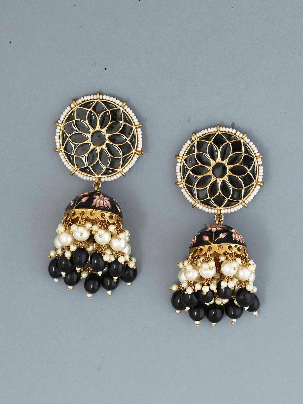 earrings - Bling Bag Jet Gamini Lotus Designer Jhumki