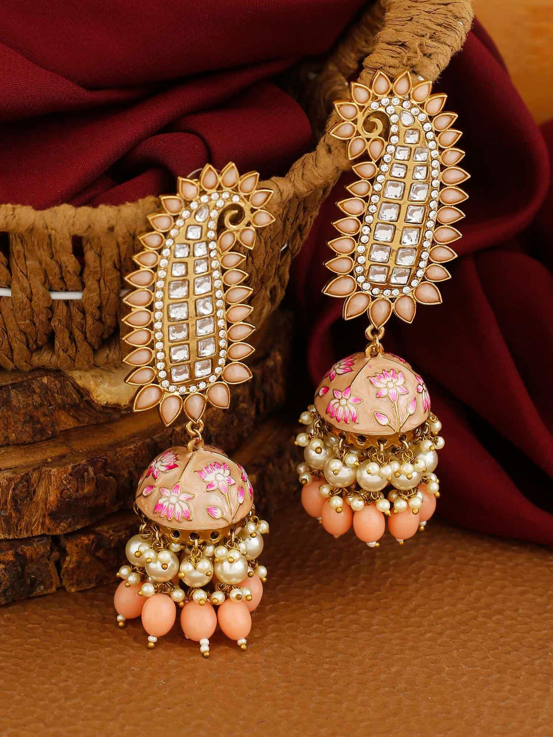 earrings - Bling Bag Peach Kaashi Designer Jhumkis
