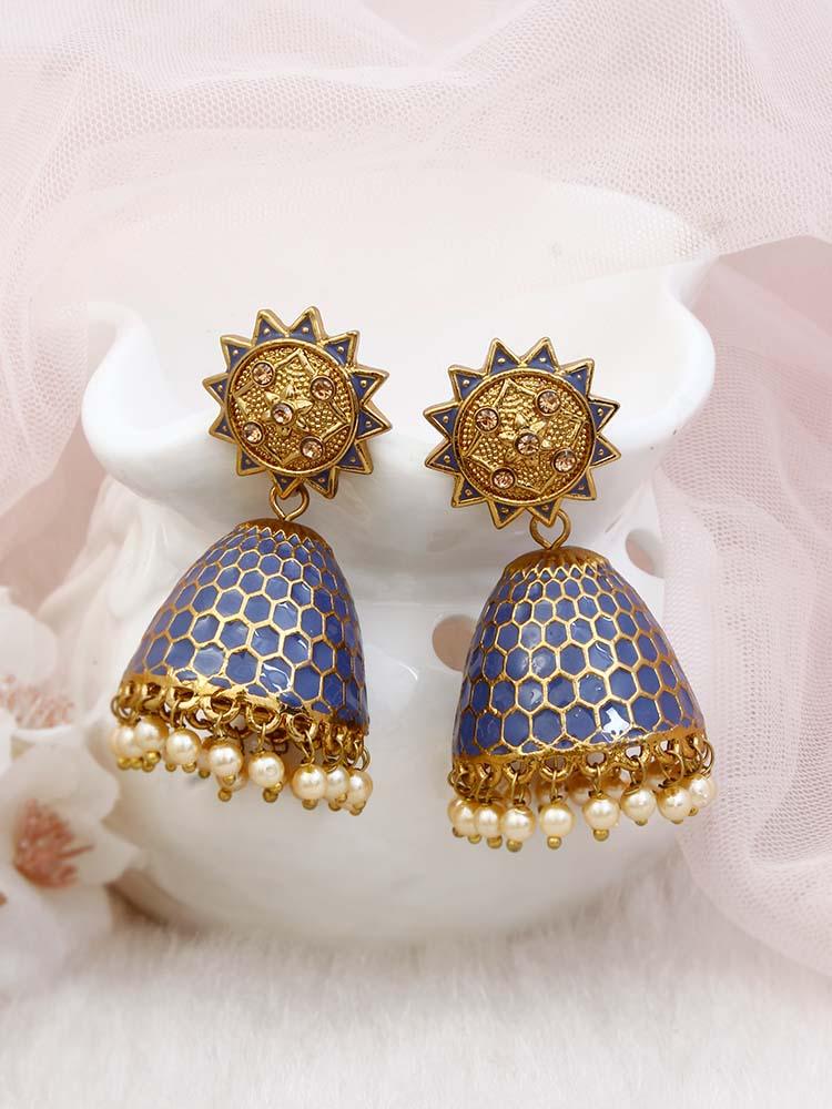 Navy Bell Ethnic Earrings - Bling Bag