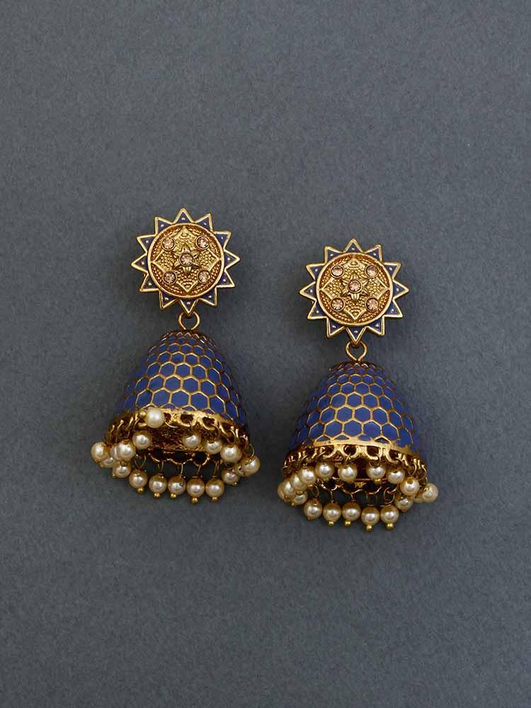 Navy Bell Ethnic Earrings - Bling Bag